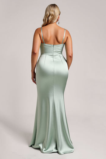 Sage Green Plus Size Satin Maxi Bridesmaid Dress with Slit