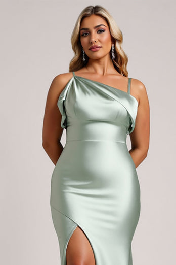 Sage Green Plus Size Satin Maxi Bridesmaid Dress with Slit