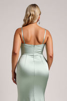 Load image into Gallery viewer, Sage Green Plus Size Satin Maxi Bridesmaid Dress with Slit