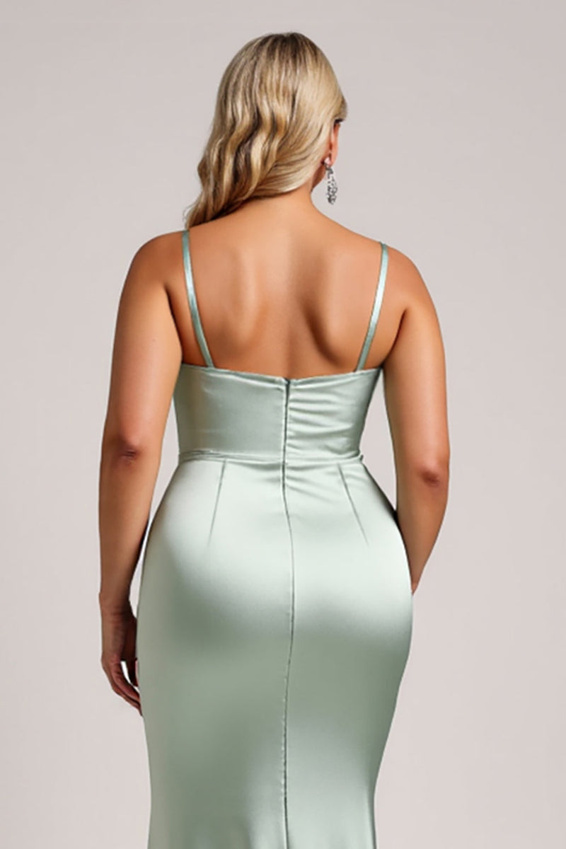 Load image into Gallery viewer, Sage Green Plus Size Satin Maxi Bridesmaid Dress with Slit