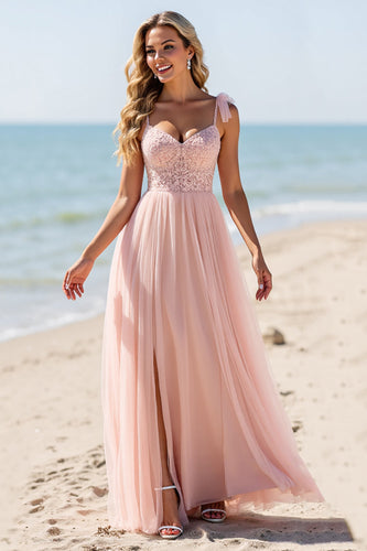 Blush Sheath Chiffon Spaghetti Straps Maxi Bridesmaid Dress with Appliques