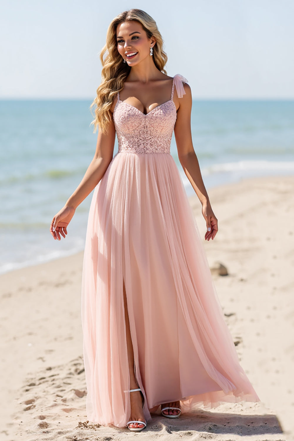 Blush Sheath Chiffon Spaghetti Straps Maxi Bridesmaid Dress with Appliques