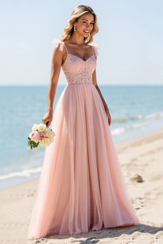 Blush Sheath Chiffon Spaghetti Straps Maxi Bridesmaid Dress with Appliques