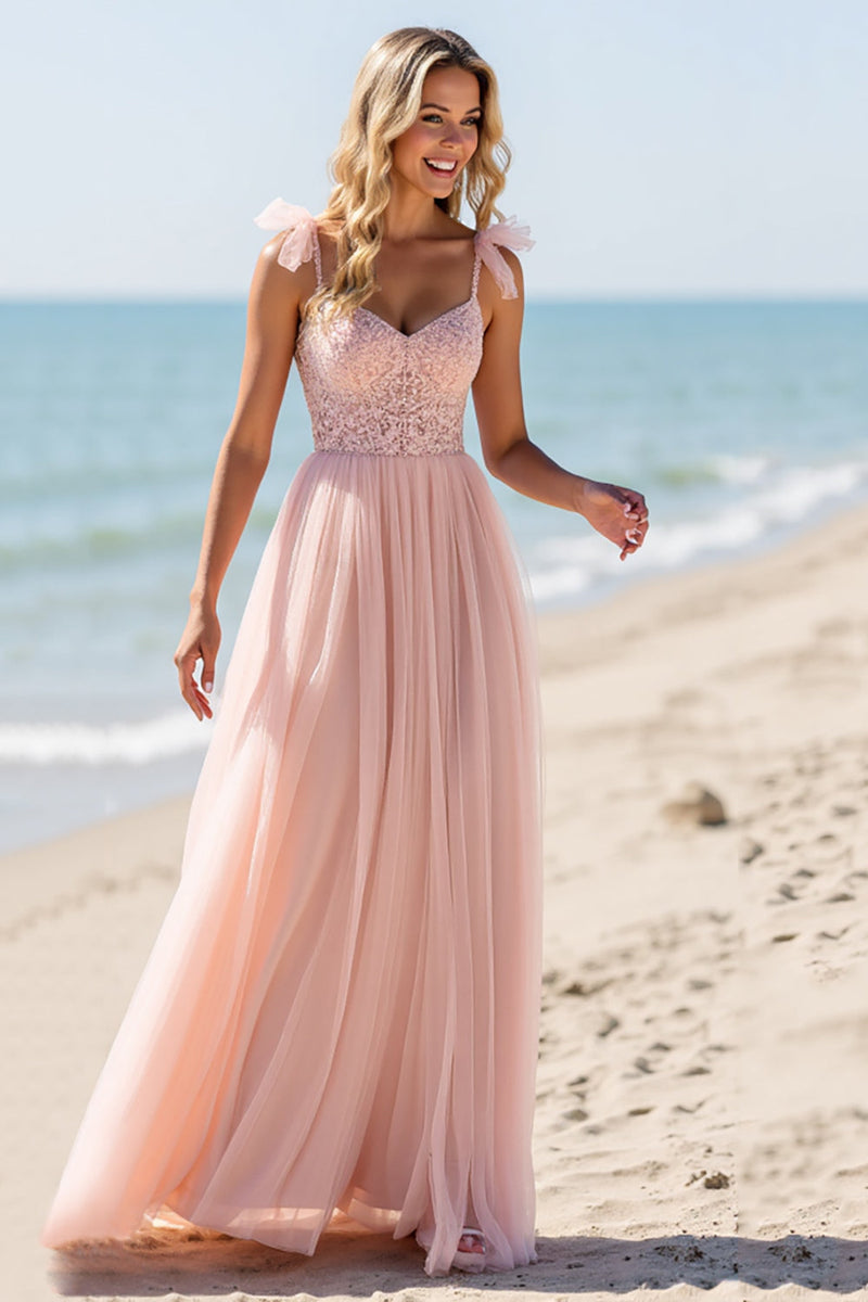 Load image into Gallery viewer, Blush Sheath Chiffon Spaghetti Straps Maxi Bridesmaid Dress with Appliques