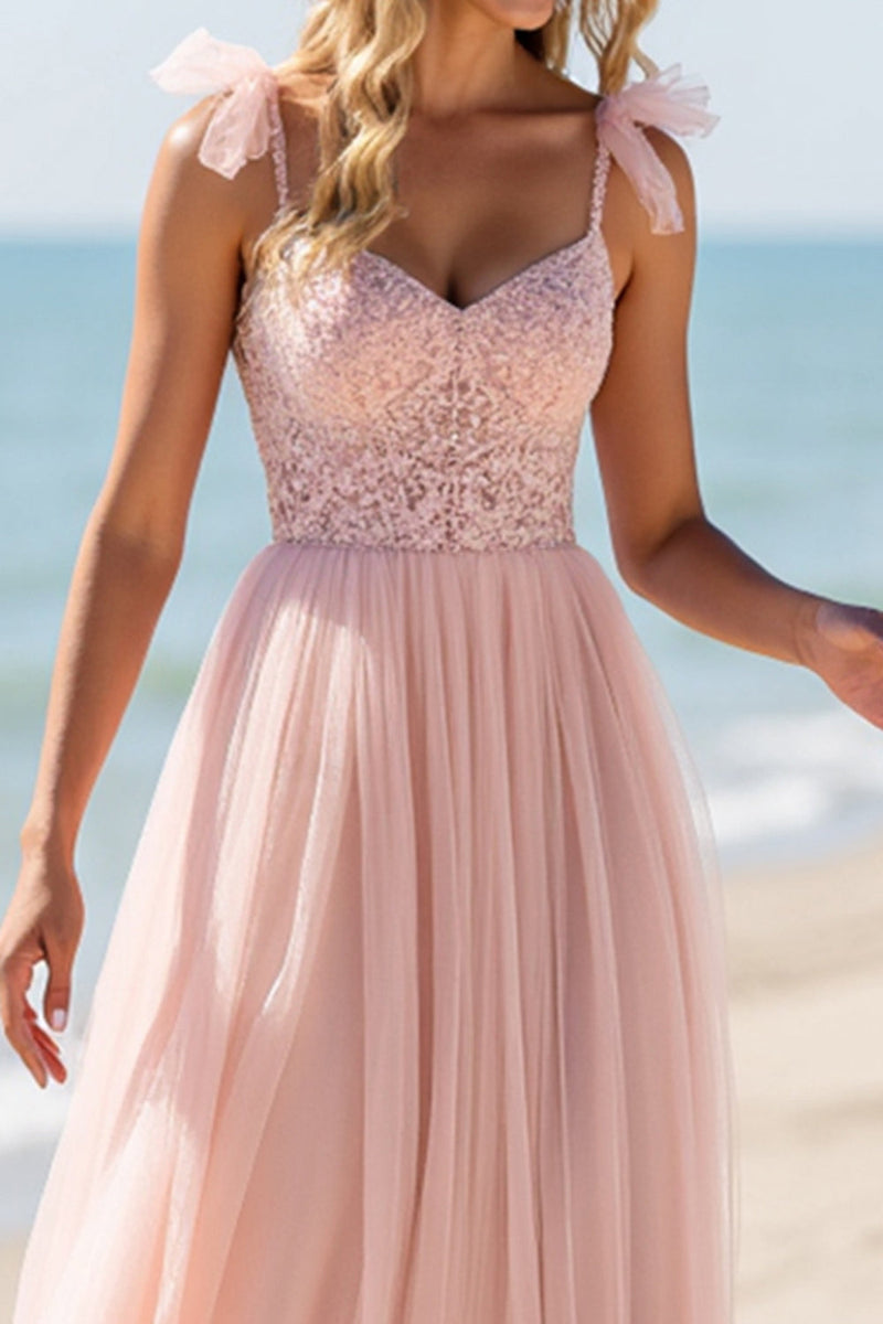 Load image into Gallery viewer, Blush Sheath Chiffon Spaghetti Straps Maxi Bridesmaid Dress with Appliques