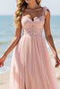 Load image into Gallery viewer, Blush Sheath Chiffon Spaghetti Straps Maxi Bridesmaid Dress with Appliques