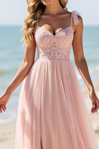 Blush Sheath Chiffon Spaghetti Straps Maxi Bridesmaid Dress with Appliques