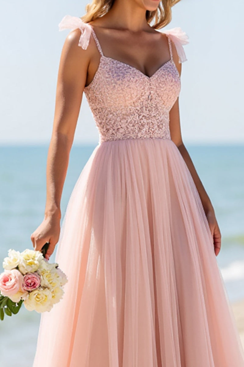Load image into Gallery viewer, Blush Sheath Chiffon Spaghetti Straps Maxi Bridesmaid Dress with Appliques