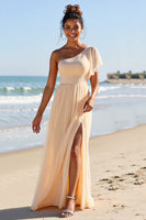 Load image into Gallery viewer, Apricot Chiffon One Shoulder Sheath Maxi Bridesmaid Dress