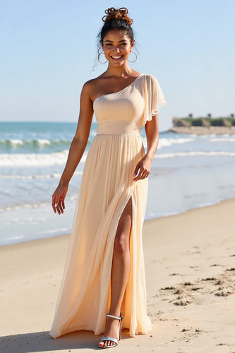 Apricot Chiffon One Shoulder Sheath Maxi Bridesmaid Dress