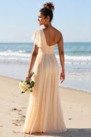 Load image into Gallery viewer, Apricot Chiffon One Shoulder Sheath Maxi Bridesmaid Dress