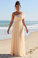 Load image into Gallery viewer, Apricot Chiffon One Shoulder Sheath Maxi Bridesmaid Dress
