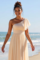 Load image into Gallery viewer, Apricot Chiffon One Shoulder Sheath Maxi Bridesmaid Dress