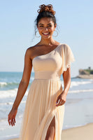 Load image into Gallery viewer, Apricot Chiffon One Shoulder Sheath Maxi Bridesmaid Dress