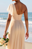 Load image into Gallery viewer, Apricot Chiffon One Shoulder Sheath Maxi Bridesmaid Dress