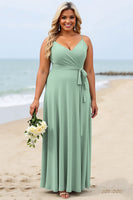 Load image into Gallery viewer, Sage Green Plus Size Chiffon Spaghetti Straps Maxi Bridesmaid Dress