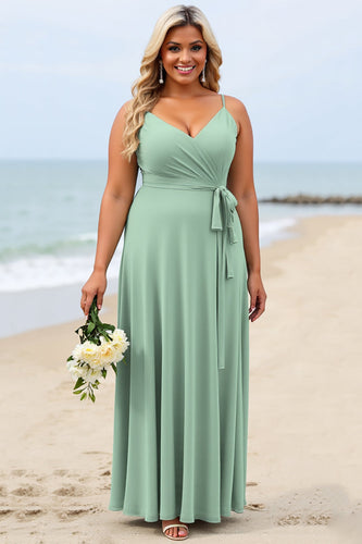Sage Green Plus Size Chiffon Spaghetti Straps Maxi Bridesmaid Dress