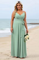 Load image into Gallery viewer, Sage Green Plus Size Chiffon Spaghetti Straps Maxi Bridesmaid Dress