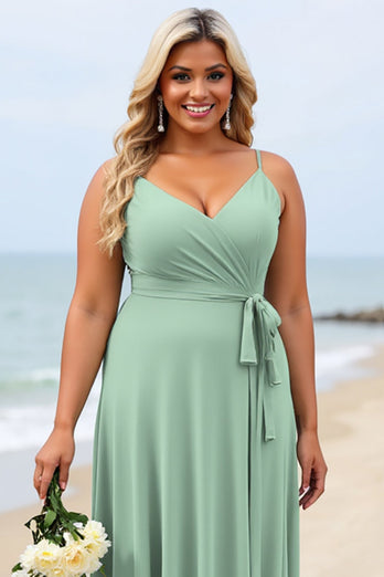 Sage Green Plus Size Chiffon Spaghetti Straps Maxi Bridesmaid Dress