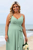 Load image into Gallery viewer, Sage Green Plus Size Chiffon Spaghetti Straps Maxi Bridesmaid Dress