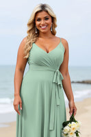 Load image into Gallery viewer, Sage Green Plus Size Chiffon Spaghetti Straps Maxi Bridesmaid Dress