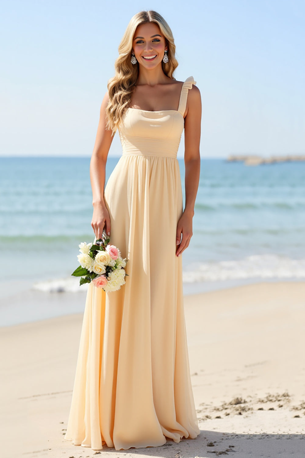 Daffodil Sheath Chiffon Square Neck Maxi Bridesmaid Dress