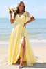 Load image into Gallery viewer, Yellow A Line V-Neck Chiffon Maxi Bridesmaid Dress with Slit