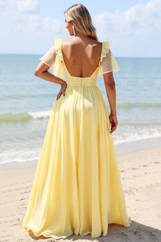 Yellow A Line V-Neck Chiffon Maxi Bridesmaid Dress with Slit