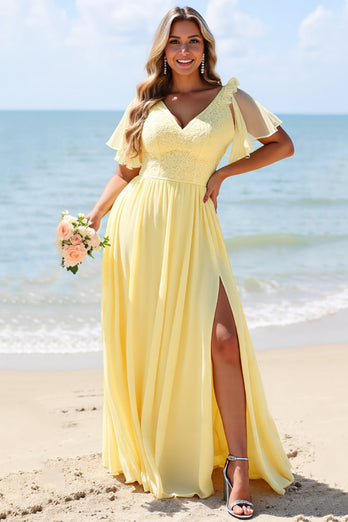 Yellow A Line V-Neck Chiffon Maxi Bridesmaid Dress with Slit