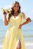 Load image into Gallery viewer, Yellow A Line V-Neck Chiffon Maxi Bridesmaid Dress with Slit