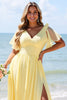 Load image into Gallery viewer, Yellow A Line V-Neck Chiffon Maxi Bridesmaid Dress with Slit