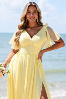Load image into Gallery viewer, Yellow A Line V-Neck Chiffon Maxi Bridesmaid Dress with Slit