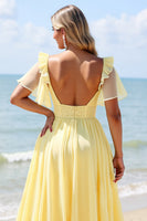 Load image into Gallery viewer, Yellow A Line V-Neck Chiffon Maxi Bridesmaid Dress with Slit