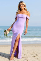 Load image into Gallery viewer, Lilac Satin Off the Shoulder Sheath Maxi Bridesmaid Dress with Slit