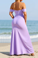 Load image into Gallery viewer, Lilac Satin Off the Shoulder Sheath Maxi Bridesmaid Dress with Slit