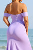 Load image into Gallery viewer, Lilac Satin Off the Shoulder Sheath Maxi Bridesmaid Dress with Slit