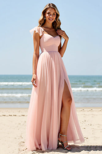Blush Sweetheart A Line Maxi Bridesmaid Dress with Slit