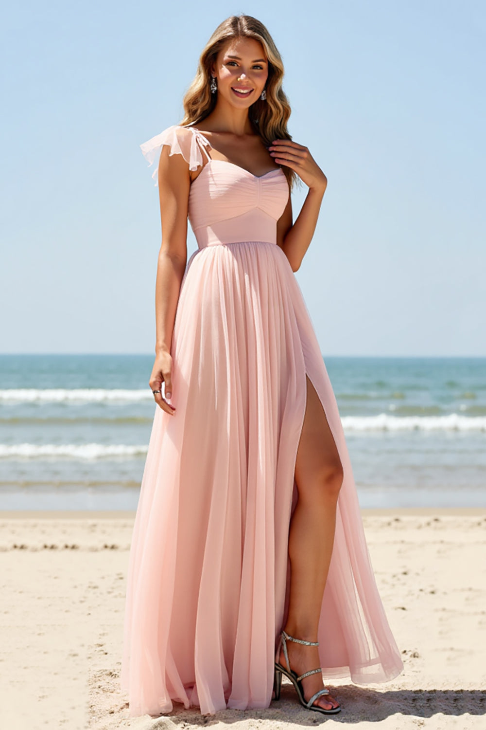 Blush Sweetheart A Line Maxi Bridesmaid Dress with Slit