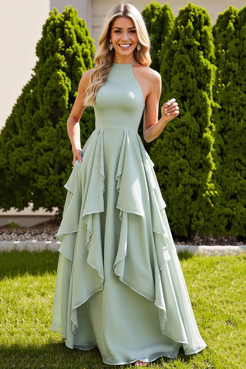 Sage Green Chiffon A Line High Neck Maxi Bridesmaid Dress with Ruffles