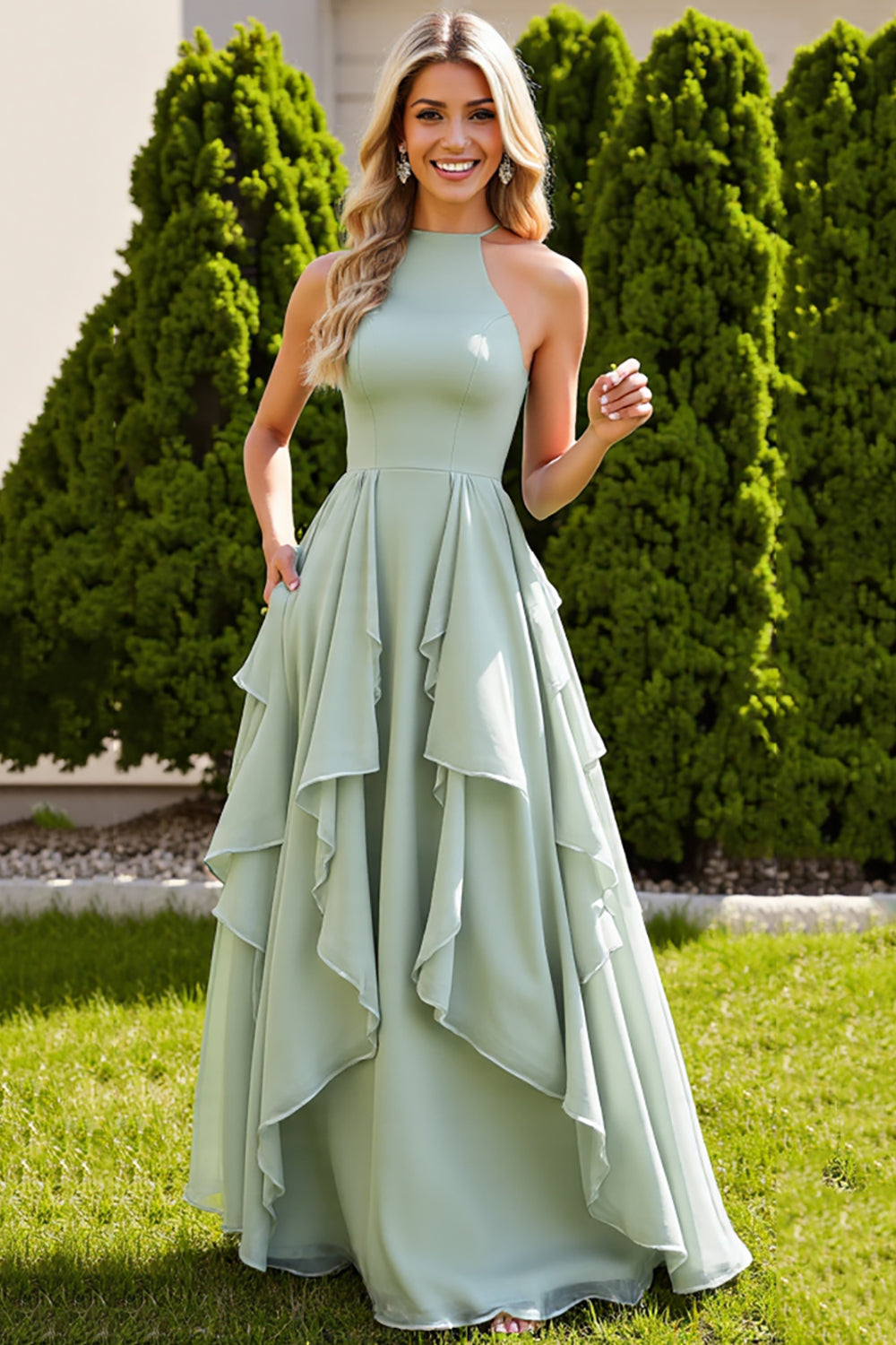 Sage Green Chiffon A Line High Neck Maxi Bridesmaid Dress with Ruffles