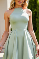 Load image into Gallery viewer, Sage Green Chiffon A Line High Neck Maxi Bridesmaid Dress with Ruffles