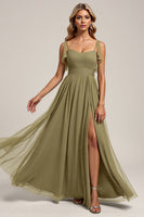 Load image into Gallery viewer, Olive Spaghetti Straps Tulle Sheath Maxi Bridesmaid Dress with Slit