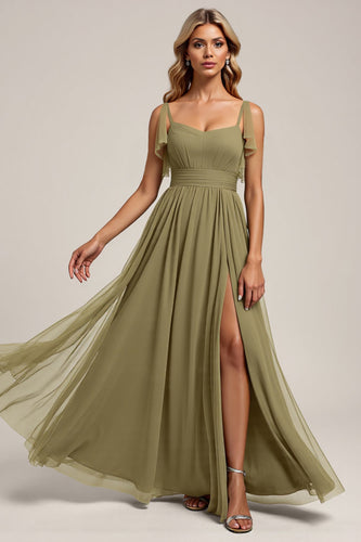 Olive Spaghetti Straps Tulle Sheath Maxi Bridesmaid Dress with Slit