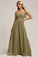 Load image into Gallery viewer, Olive Spaghetti Straps Tulle Sheath Maxi Bridesmaid Dress with Slit