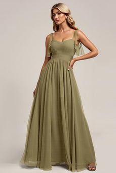 Olive Spaghetti Straps Tulle Sheath Maxi Bridesmaid Dress with Slit