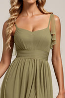 Load image into Gallery viewer, Olive Spaghetti Straps Tulle Sheath Maxi Bridesmaid Dress with Slit
