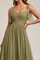 Load image into Gallery viewer, Olive Spaghetti Straps Tulle Sheath Maxi Bridesmaid Dress with Slit