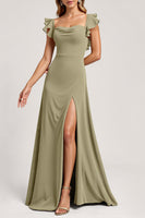 Load image into Gallery viewer, Olive Ruffled A Line Maxi Bridesmaid Dress with Slit