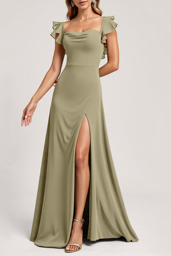 Olive Ruffled A Line Maxi Bridesmaid Dress with Slit