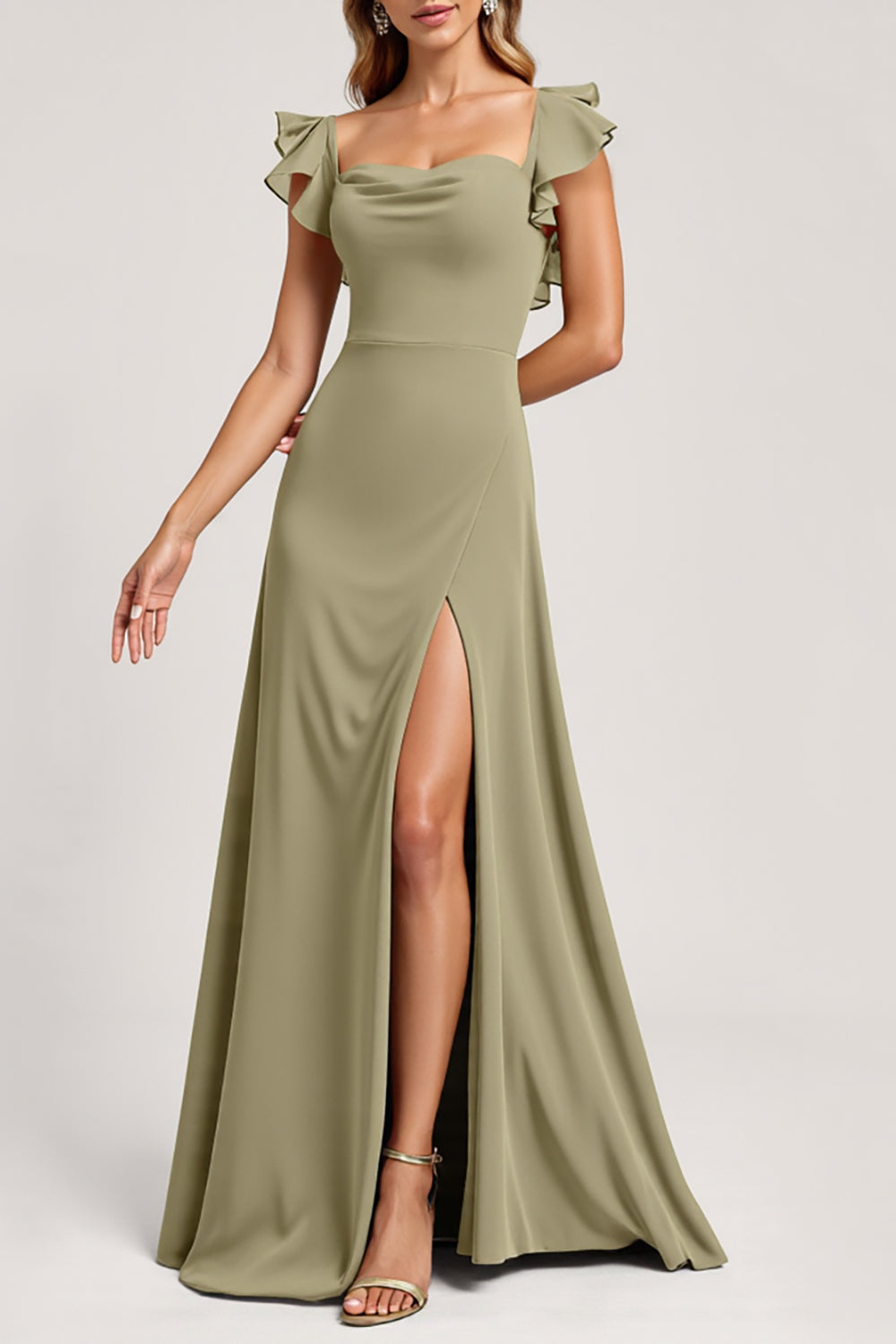 Olive Ruffled A Line Maxi Bridesmaid Dress with Slit